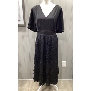 BLOOMCHIC Black V Neck Midi Dress Floral Lace Overlay Flutter Sleeve Occasion